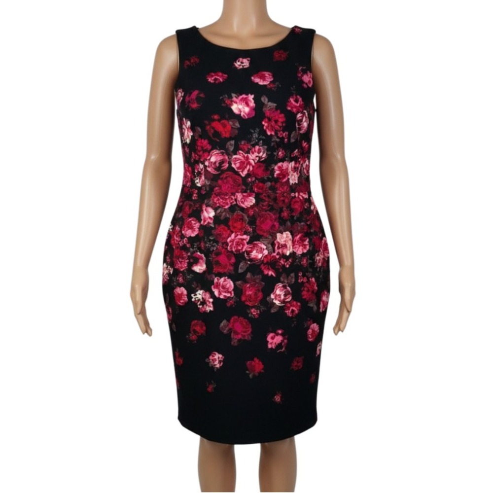 Talbots 18 Floral Sheath Dress Black Red Pink Rose Lined Stretch Cocktail Work
